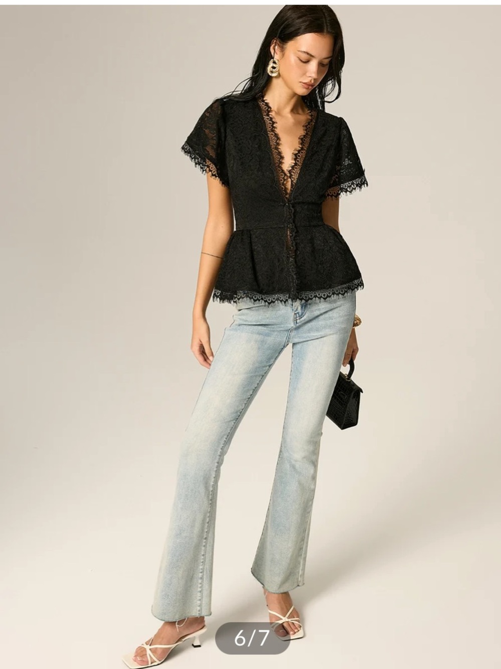 Commens V Neck Lace Peplum Short Sleeve Top - Picture 6 of 10